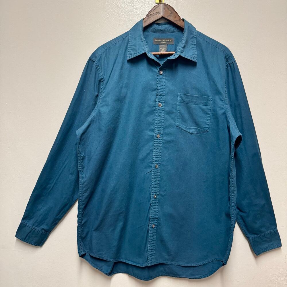 Banana Republic Classic Mens Large Teal Blue 100% Cotton Button Up Preppy Casual